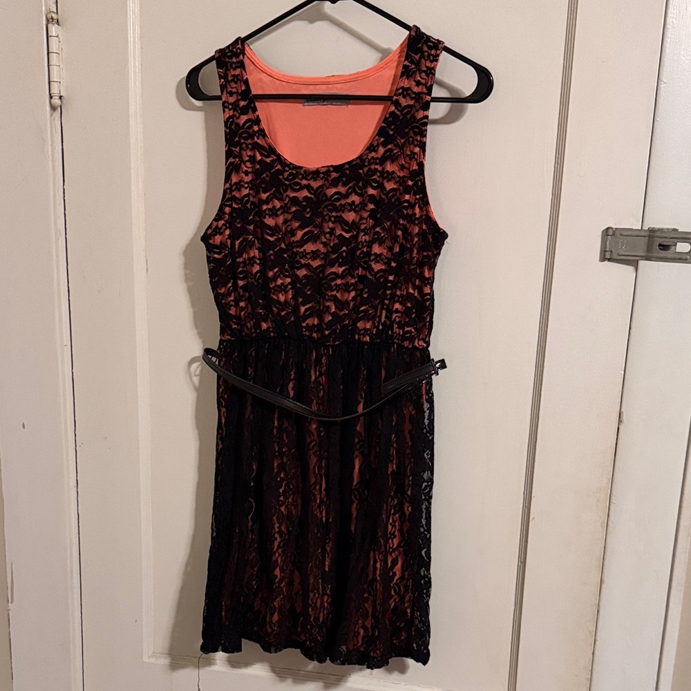 Elegant Black and Coral Lace Dress